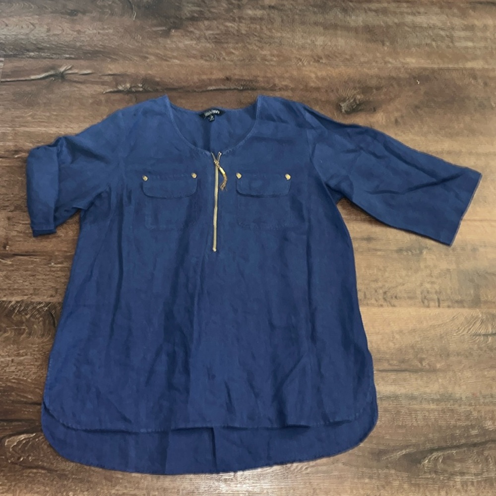 ELLEN TRACY | Women’s 100% Linen Zipper Vneck Tunic Roll Tab Sleeve Blue 1x